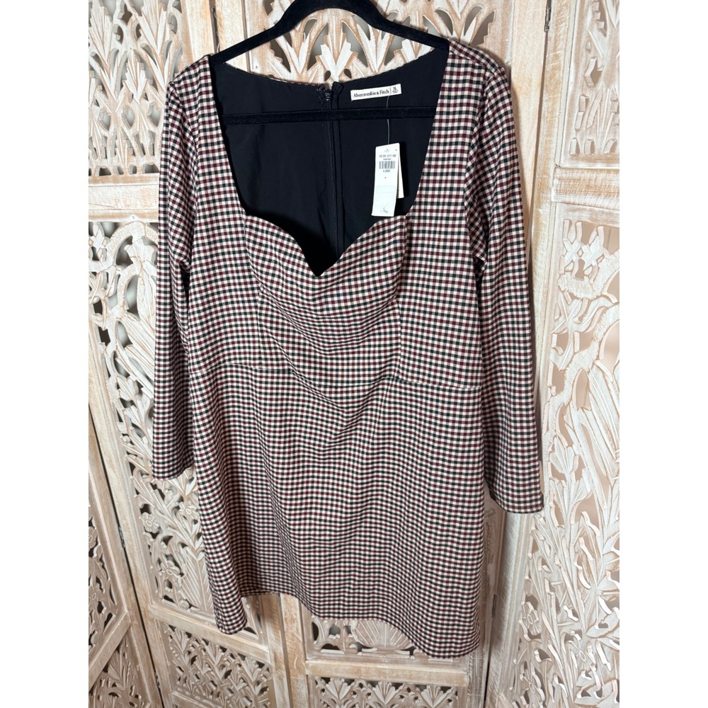 Abercrombie & Fitch XL Gingham Sweetheart Midi Dress Burgundy Black Long Sleeve - Picture 2 of 8